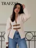 TRAFZA Retro Leather Buckle Woolen Coat Women Fashion Solid V Neck Long Sleeve Beige Jacket Autumn Spring Chic Female Streetwear 5