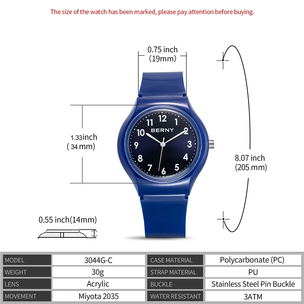 Berny Fashion&Casual Quartz Wristwatch Watch Quartz Miyota 2035 Movement With PU Strap 3ATM Waterproof  Acrylic Surface lens