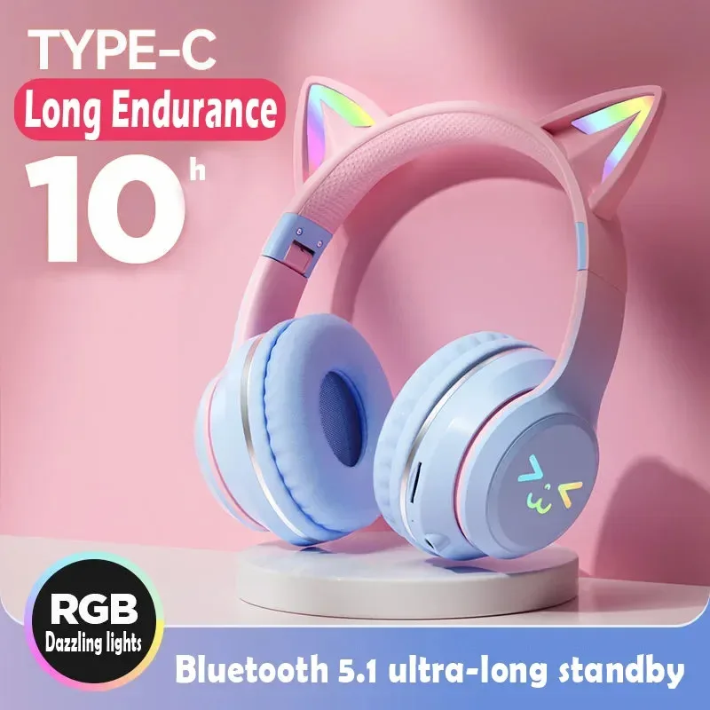 2026 Wireless Headphones RGB Cute Cat Girls Kids Gift Headset with Microphone Stereo Music Gaming Earbud Control Lights Earphone