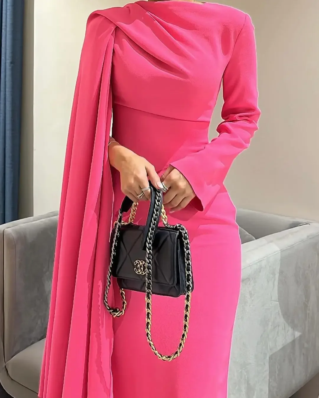 

Saudi Arabia Off The Shoulder Prom Dresses Elegant Long Sleeve O-Neck Pleated Mermaid Evening Dresses Floor Length Party Dresses
