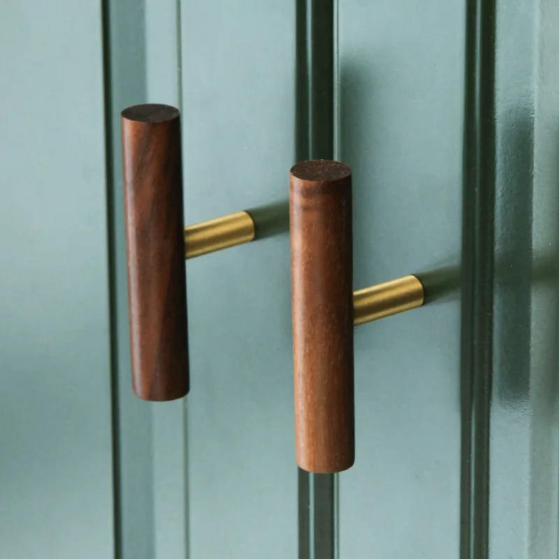 Nordic Walnut Wooden Handles Long Wardrobe Wood Furniture Pulls Drawer Cabinet Door Knob T Bar Decoration Furniture Hardware