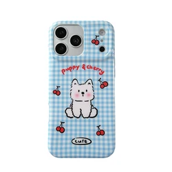Adorable Blue Grid Cherry Pattern Phone Case with Cartoon Puppy Design - Shockproof Cover - iPhone 15 (1)