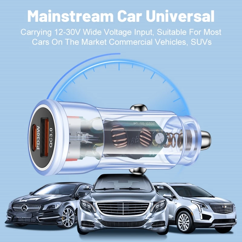 48W USB Mini Transparent Car Charger Fast Charging Type C Car Mobile Phone Charger For iPhone Xiaomi Samsung Huawei PD Charger