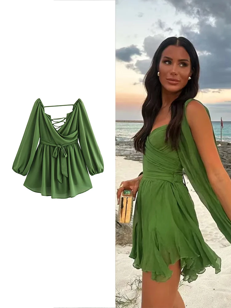 Women Clothing Sexy Knitted Tassel Beach Dress Summer Short Sleeve Dress