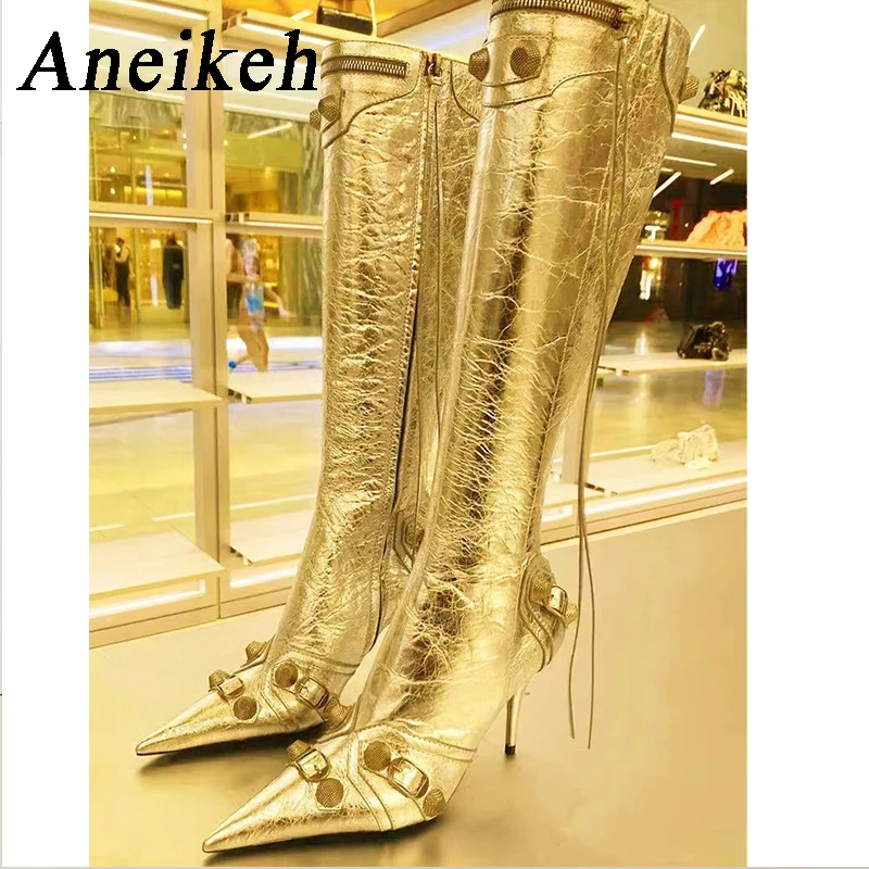 

Aneikeh2024 Patent Leather Metal Rivet Tassel Decoration Knee LengthBoots Women Pointed High Heel Zipper Western Boot Party Ball