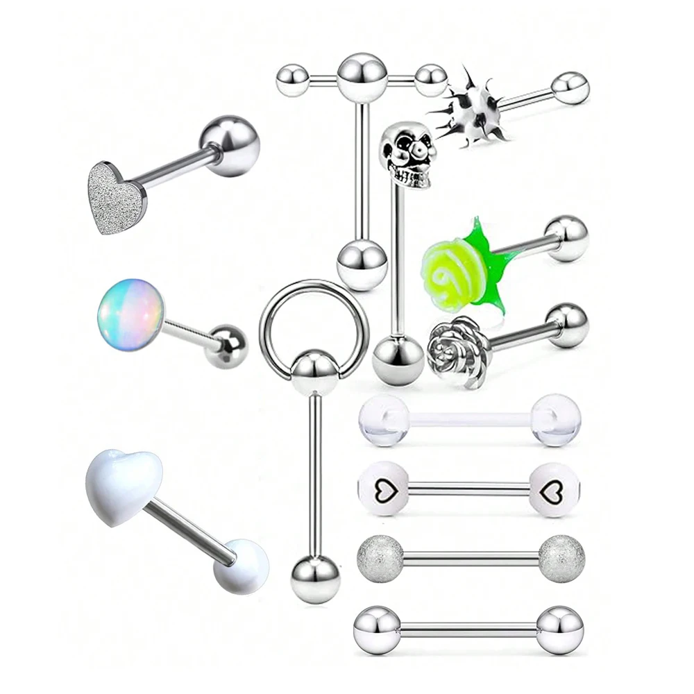 13pcs Stainless Steel Heart Shaped Tongue Ring Barbell Tongue Piercing Cute Bar Ear Tragus Studs Labret Piercing Body Jewelry