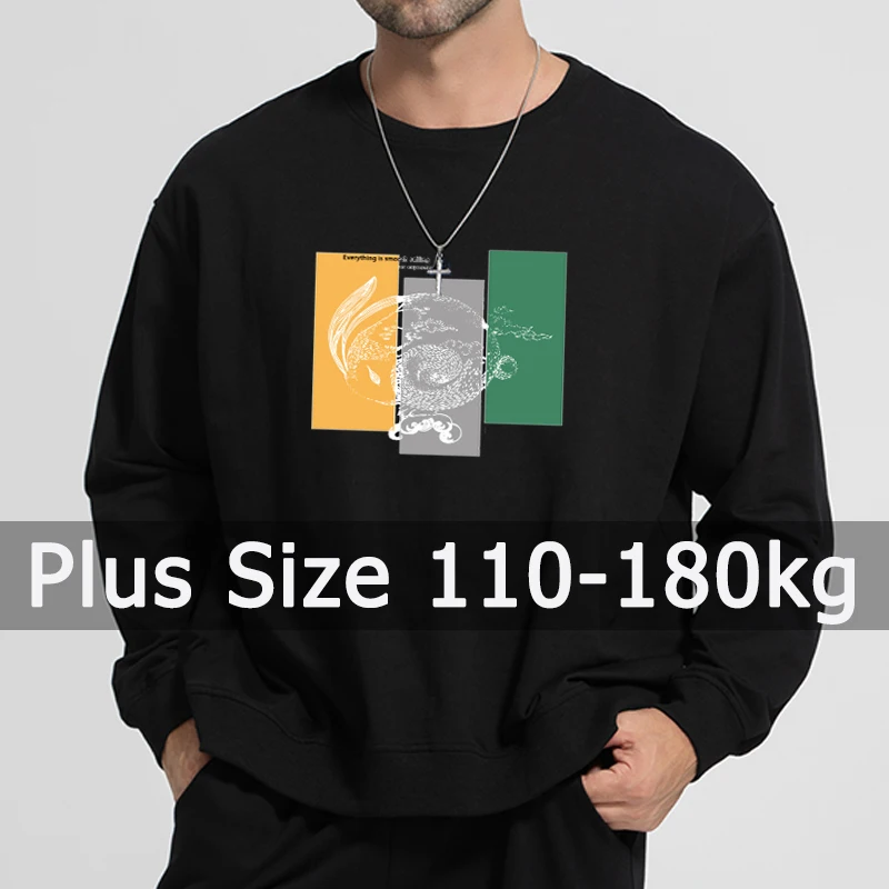 Black Sweatshirts Oversized Long Sleeve Printed Tops Plus Size 110-180kg Men Pullovers 6XL 7XL Round Neck Big Size Men Clothing basic sweater