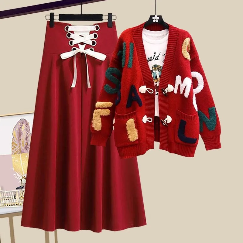 2023 New Winter Suit Women Plus Size Red Knit Cardigan Slim Skirt Two-piece Suit Cow Horn Button Knit Shirt Lace Up Skirt