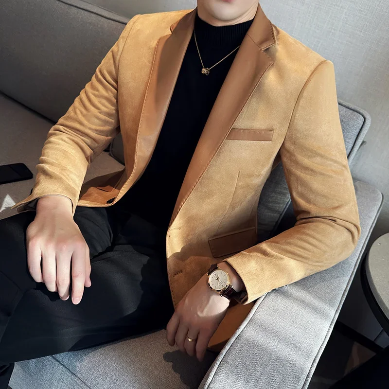 Suede Suit Jacket for Men Korean Fashion PU Splicing Casual Business Blazer Masculino Office Social Dress Coat Men Clothing