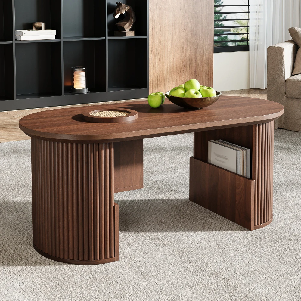 105 x 50 x 46,5 cm großer moderner Couchtisch im Retro-Stil, Couchtisch aus Walnussholz mit vertikaler Textur, Sofatisch, für das Wohnzimmer – Detail 8