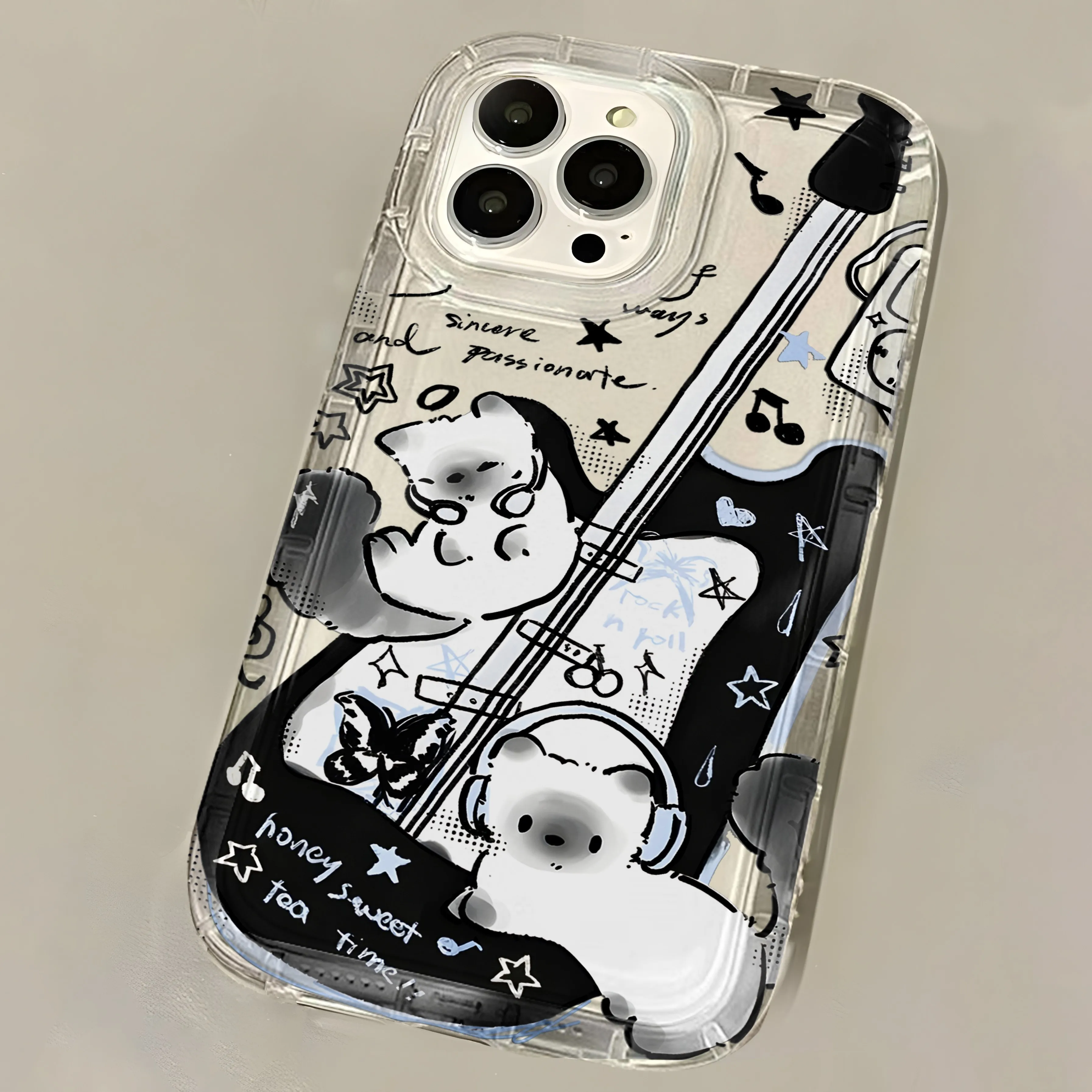 Black Guitar Music Cat Transparent Phone Case