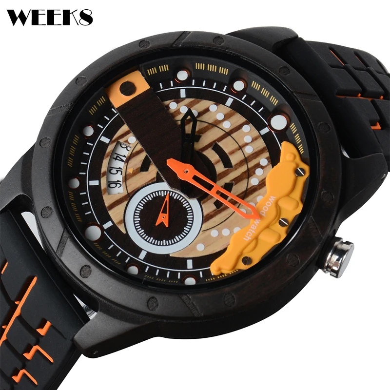Wood Watch Racing Car Wheel Rim Hub Wooden Watches for Men Silicone Strap Lumious Display Male Sports Wristwatch Reloj De Madera