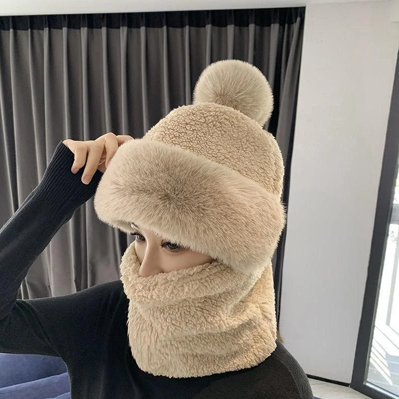 Winter Scarf Set Hooded for Women Plush Neck Warm Russia Outdoor Ski Windproof Hat Thick Plush Fluffy Beanies 4