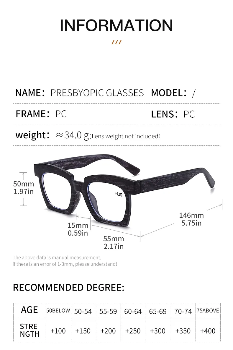 Oversized Square Reading Glasses Women Men Hyperopia Eyeglasses Prescription Diopter Eyewear +1.5 +2 +2.5 +3 +3.5 6