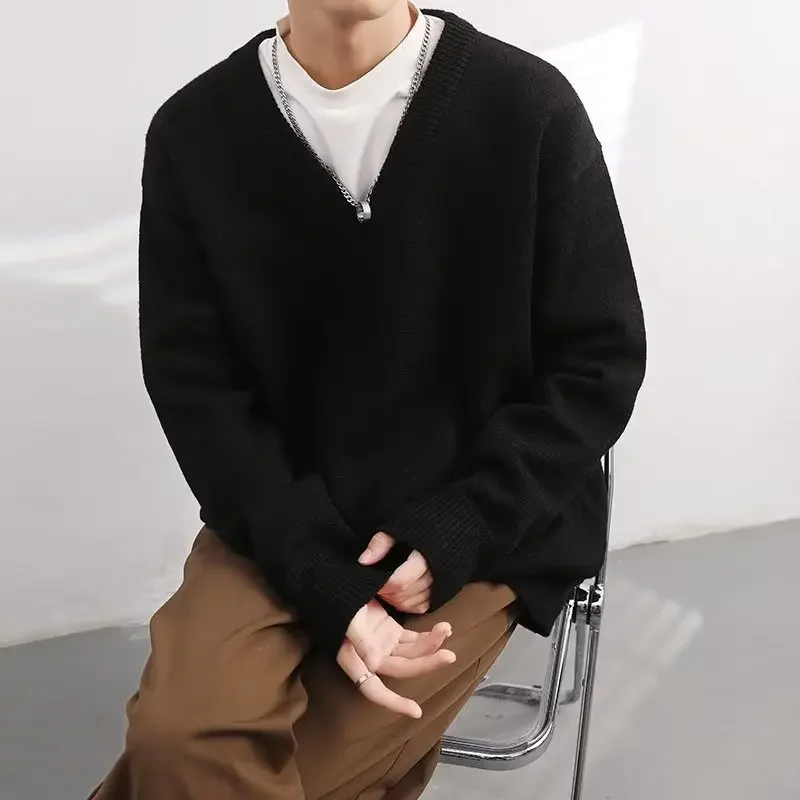 남성용 V넥 스웨터, 한국 스타일, 트렌디 니트 탑, 루즈핏, 베이스레이어 캐주..