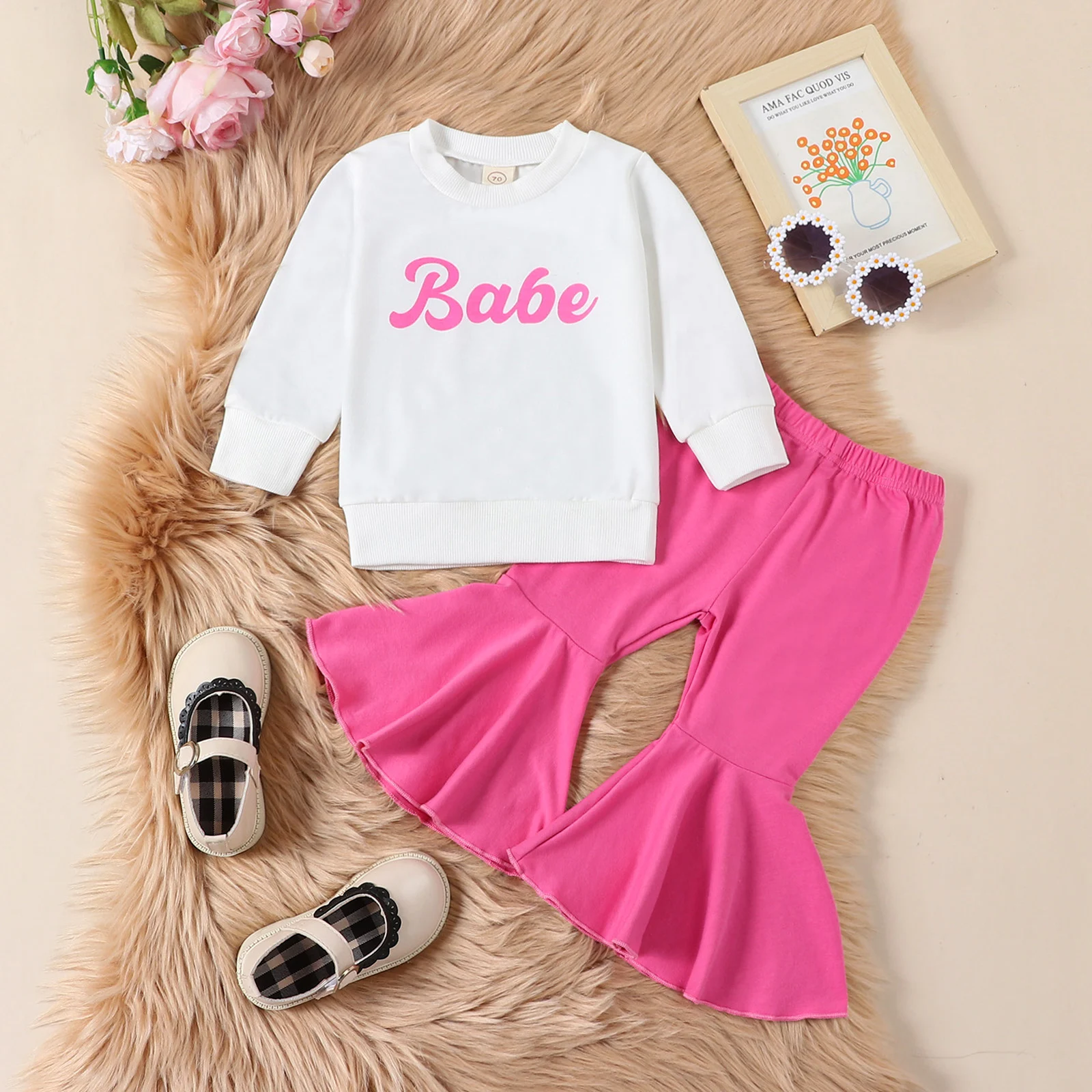 

0-2Y Baby Girl 2Pcs Fall Outfits Long Sleeve Letter Print Sweatshirt + Bell Bottom Pants Set Newborn Clothes Sets Fall Spring