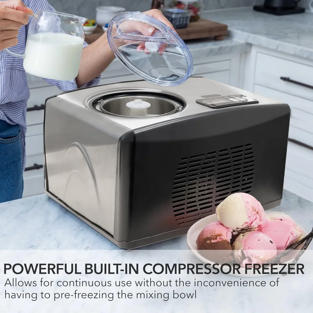 Ice Cream Maker Machine 1.6 Qt. Automatic with Built-In Compressor, LCD Digital Display & Timer, No Pre-Freezing, ICM-15LS, Sta