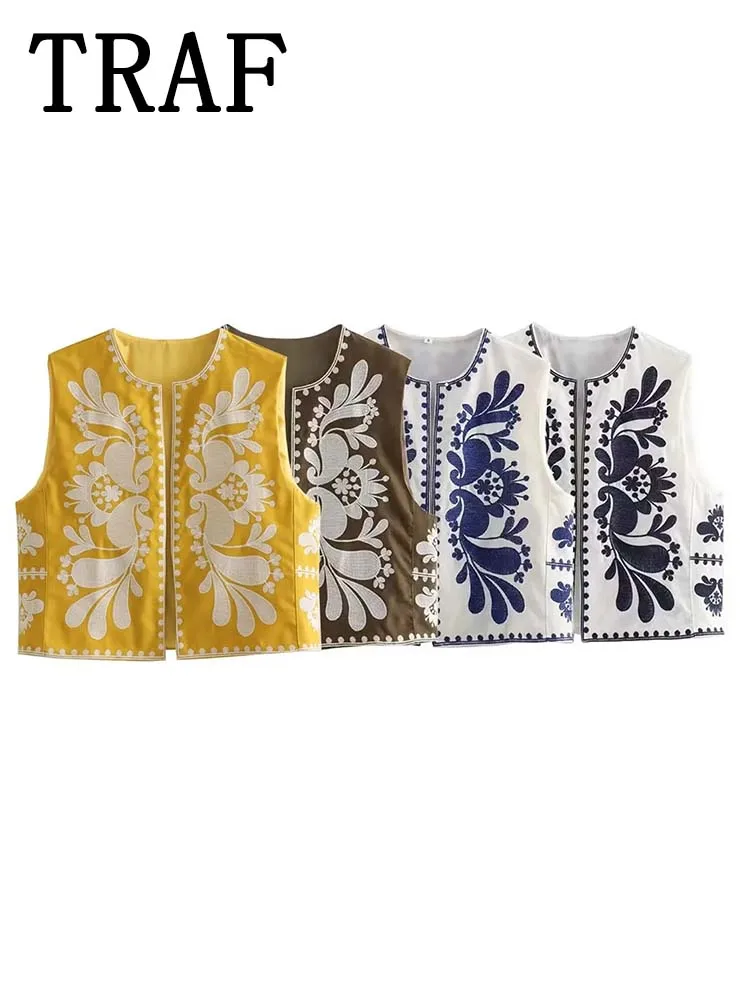 TRAF 2024 Women Vintage Floral Embroidery Short Vest Jacket Ladies National Style Vests for Women Casual Chic WaistCoat Tops 6
