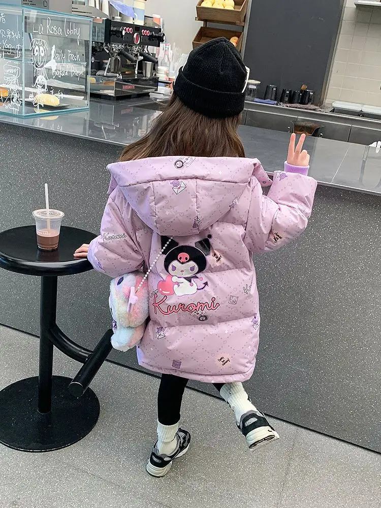 Down Jacket Children Jackets Girls Coat Teen Girls Sanrio Kuromi down Jacket Winter Fashion Children Hooded Velvet Thicken Windbreaker Coat Kids Clothers Outerwear