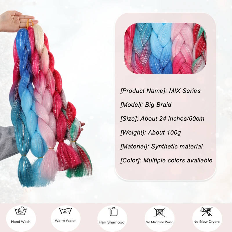 24 Inch Giant Ombre Rainbow Mixed Color Women's Braided Extension High Temperature Synthetic Fiber for Christmas Carnival Party