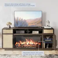 Boho 68" TV Stand Entertainment Center w/ 36" Electric Fireplace Heater Rattan Console Table Flame Effect Ample Storage Modern 2