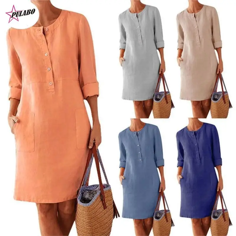 

PULABO Casual Solid Color Cotton Linen Women Long Sleeve Tunic Kaftan Dress Length Vestidos Autumn Dresses Clothing Female