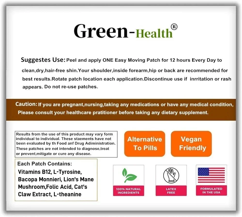 30 Patches Prime Brain Transdermal Patches Ginkgo Biloba Lion's Mane Mushroom Vitamin B12 Memory Focus Support