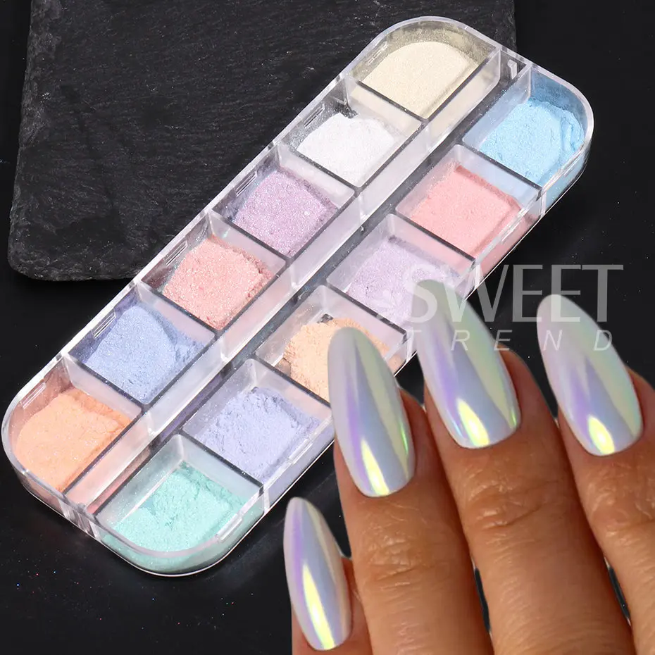 12 Colors Aurora Nail Powder Glitter Pigment White Mirror Iridescent Fairy Fine Chrome Reflective Rubbing On Dust Manicure Decor