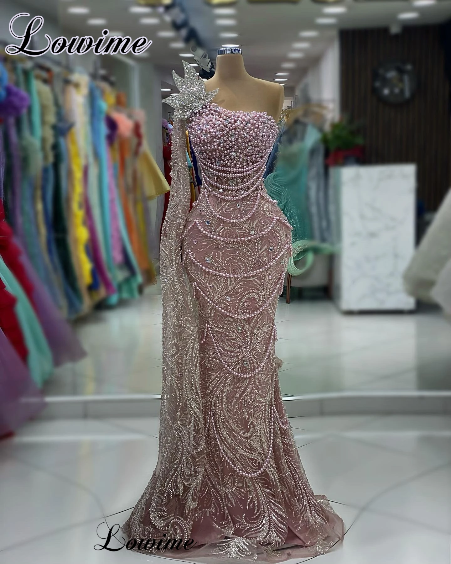 Blush Pink Beaded Cocktail Dresses Mermaid One Shoulder Pearls Prom Dresses For Women Vestidos De C&oacute;ctel Celebrity