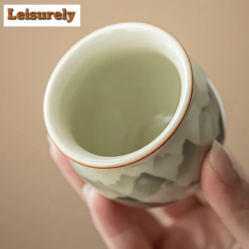 2pc/lot Mountain Flower Ru Kiln Porcelain Egg Shaped Teacup Creative Tea Bowl Cup Tea Meditation Cup Jianzhan Tea Ceremony 90ML
