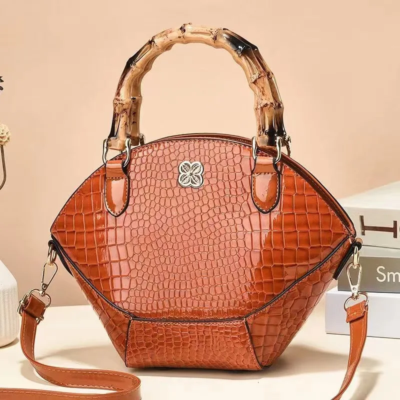 Crossbody Bag Crocodile Pattern Creative Shell Shaped Shoulder Retro Bamboo Joint Handle Women Office