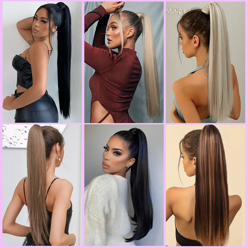 22 Inch Straight Ponytail Hair Extensions Long Wrap Around Ponytail for Women Daily Use Synthetic Clip in Hairpiece Fake Tail images - 6