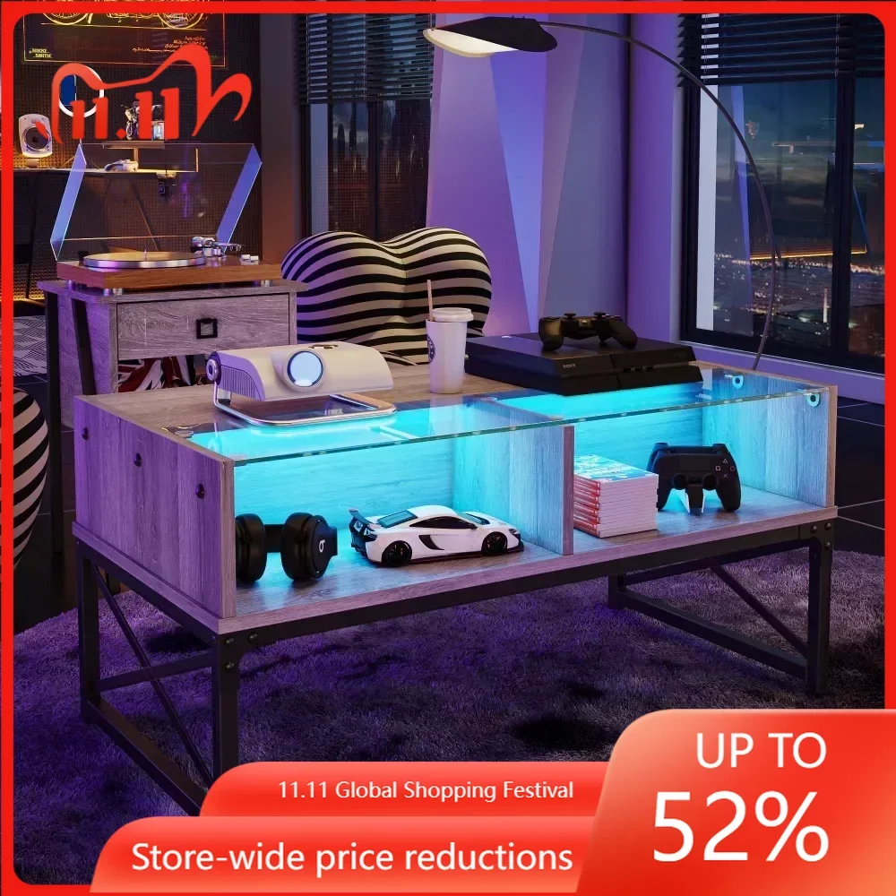 

Coffee Table With LED Lights And Glass Shelf, Retro Grey
