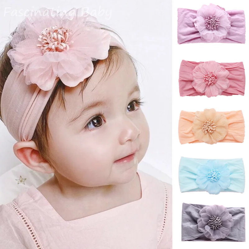 2021 Baby Big Nylon Headband Pearl Flower Turban Infant Girls Fabric Elastic Hair Band Headwrap Baby Hair Accessories