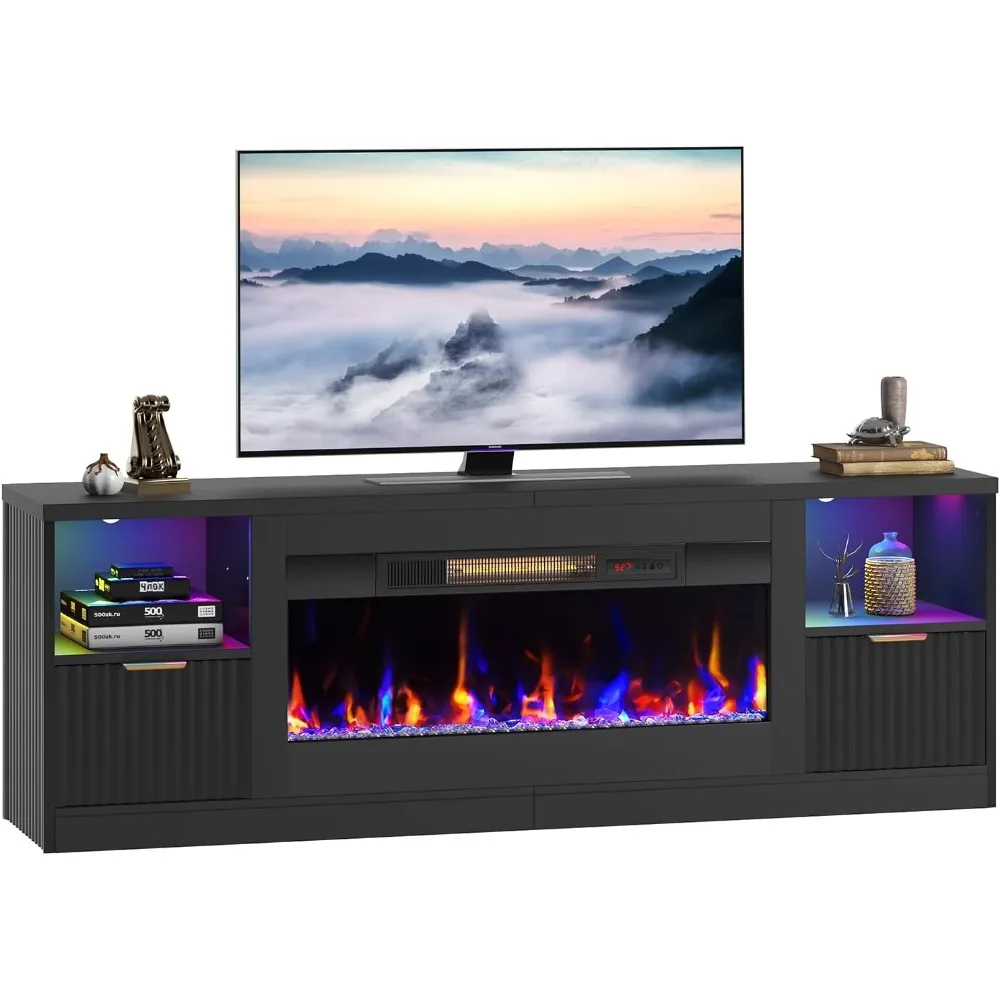 70” Fireplace TV Stand Modern Entertainment Center with 36" Electric Fireplace & LED Lights, Fluted Media TV Console Table 2