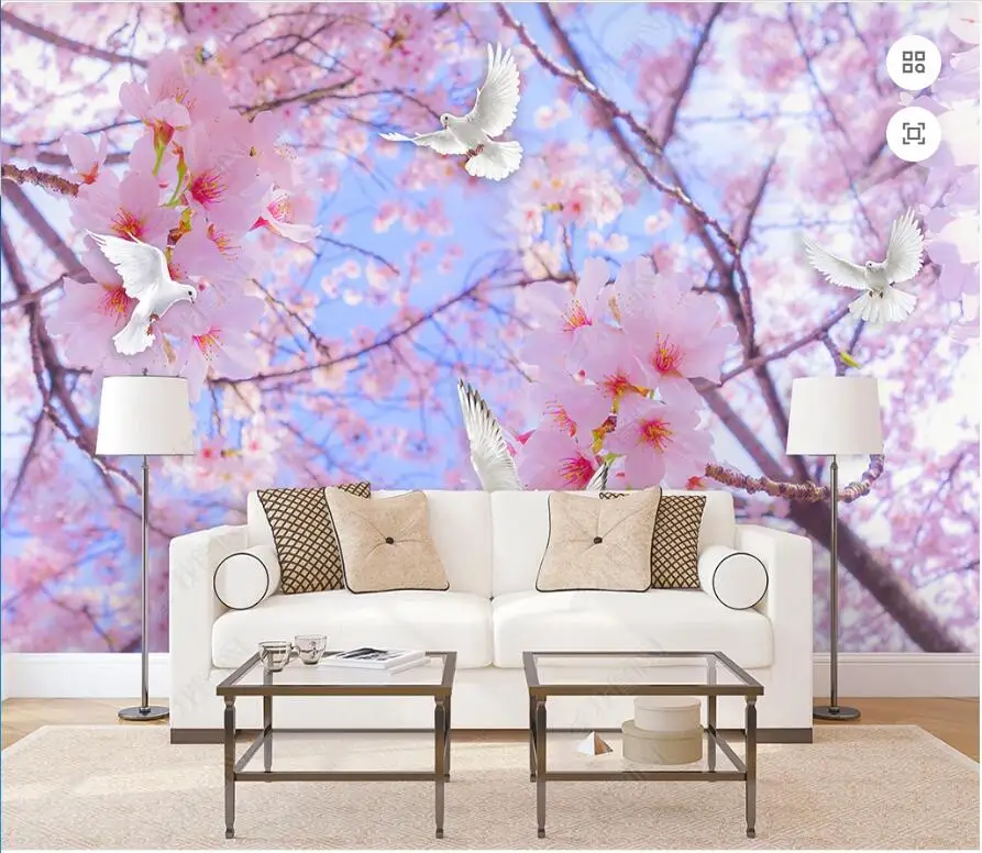 

custom mural 3d photo wallpaper Beautiful and romantic scenery of cherry blossoms and white doves wallpaper for living room