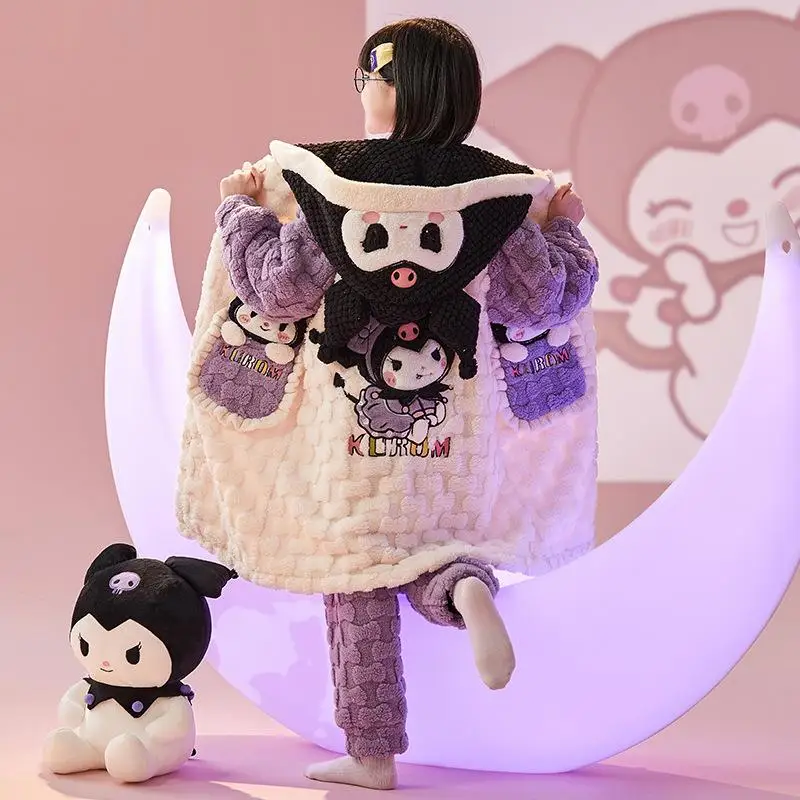 

Плюшевая Пижама Sanrio Kuromi Cinnamoroll для девочек, зимняя фланелевая утепленная Домашняя одежда с мультипликационным аниме, домашняя одежда из кораллового флиса