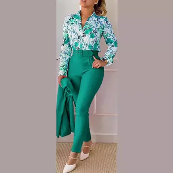 Elegant Women Printed Two Piece Suit Sets Spring Autumn V Neck Long Sleeve Shirt Top & Long Pants Set With Belt Workwear Outfits 1