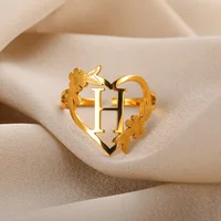 Stainless Steel Initials Flower Heart Rings Gold Color Adjustable Delicate Letter Leaf Rings For Women Girl Alphabet Jewelry - Image 3