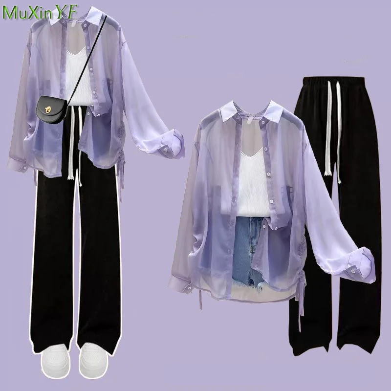 

Летние фиолетовые приблизительные рубашки, жилет, длинные брюки с широкими штанинами, комплект из 3 предметов, Корейская женская Свободная блузка, топы, брюки, наряды