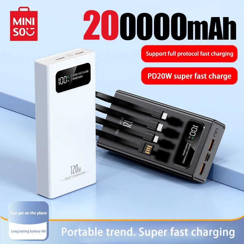 

Портативное зарядное устройство Miniso, 200000 мАч, 4usb-порта, тонкая зарядка, 120 Вт, портативная зарядка, внешний запасной аккумулятор для различных мобильных телефонов
