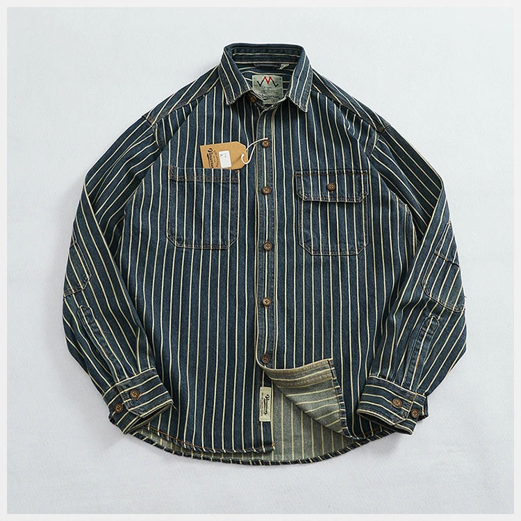 Heavy vertical stripe cargo denim shirt Men do old washed cotton elbow stick cloth lapel long sleeve shirt jacket