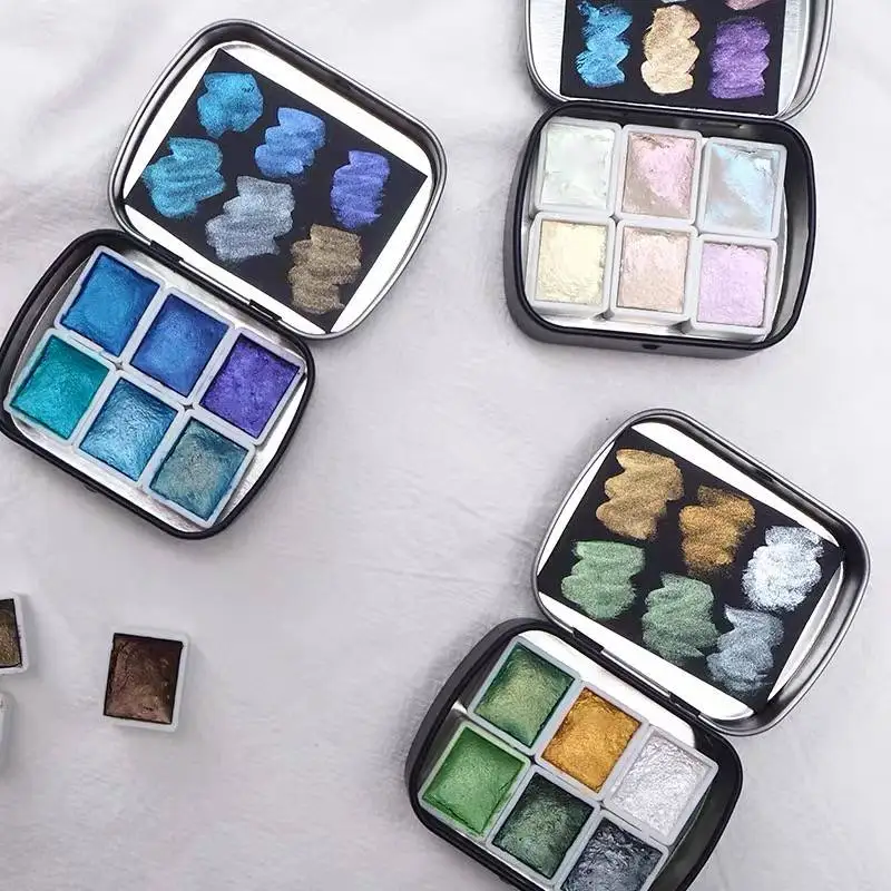 POEZIE 6 Colors Solid Metallic Watercolor Paint Set 2ml Glitter Water Color With Tin Box For Painting Aquarela Art Supplies