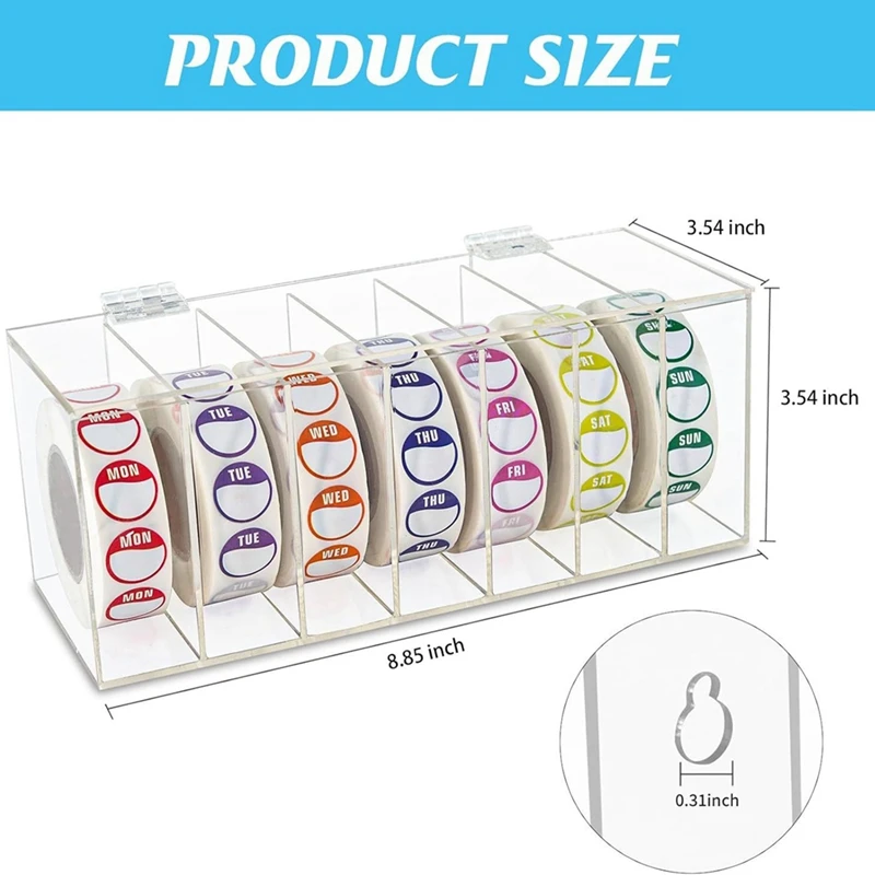 AT69-Acrylic Day Of The Week Covered Label Dispenser 7-Slot Wall Mount Sticker Roll (No Label)
