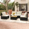 5 Piece Rattan Sofa Set, Patiojoy Outdoor Wicker Furniture Set with Seat & Back Cushions, Square Coffee Table, Garden Sofa Set 1