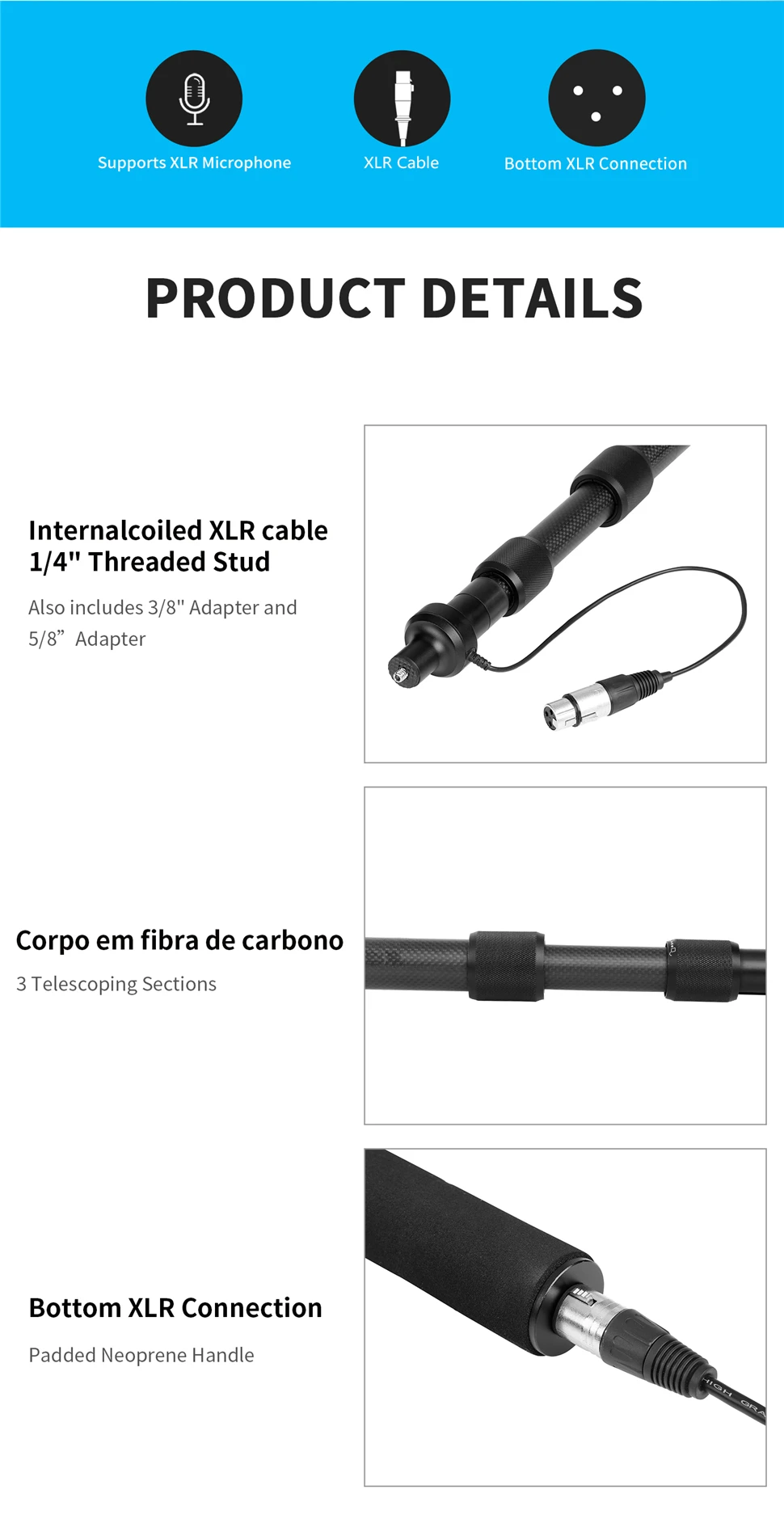 BOYA BY-PB25 Universal Carbon Fiber Boompole with Internal XLR Cable (2.5m)