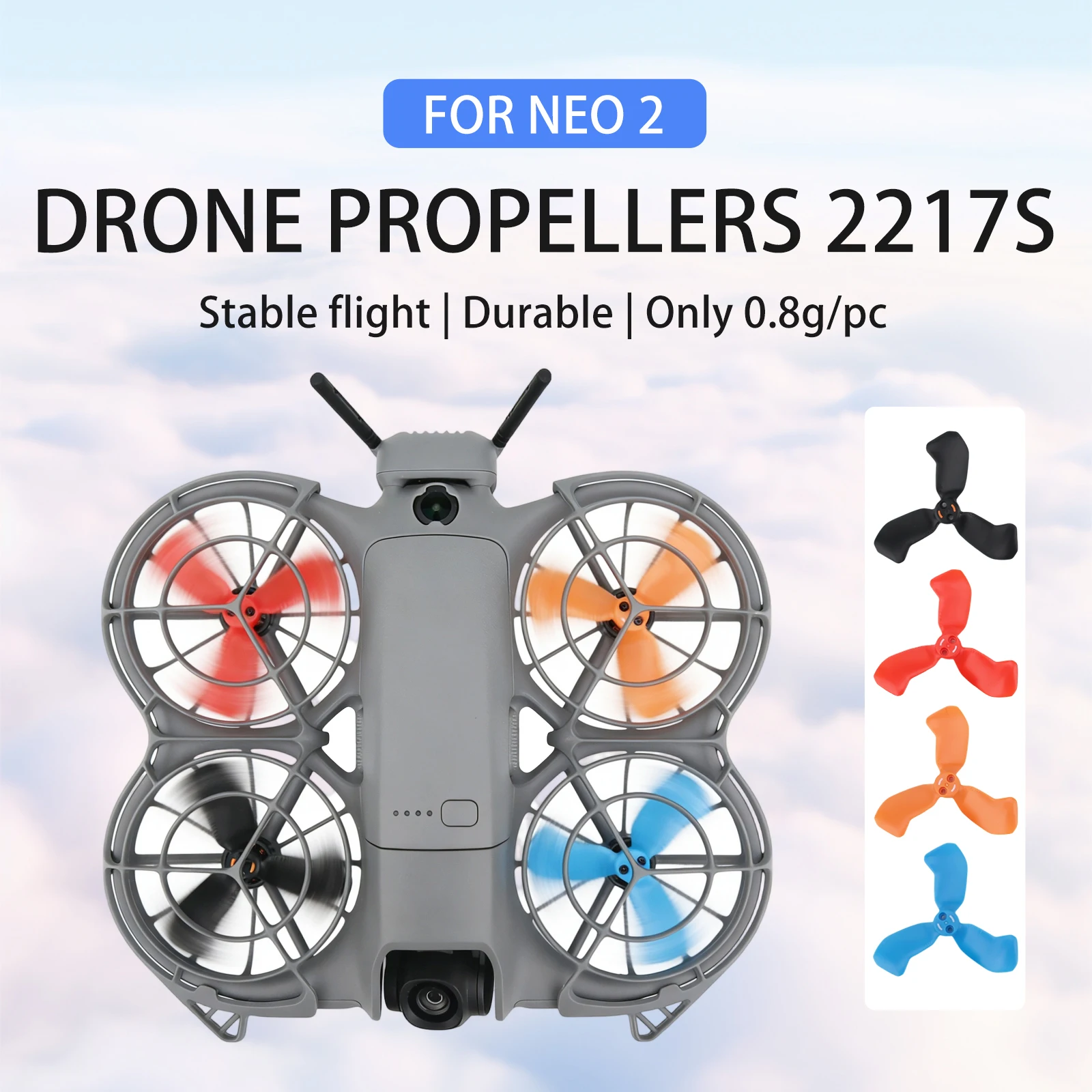 Vue rapprochée de pales d'hélice Neo2 pour DJI, montrant leur texture légère et leur fabrication soignée.