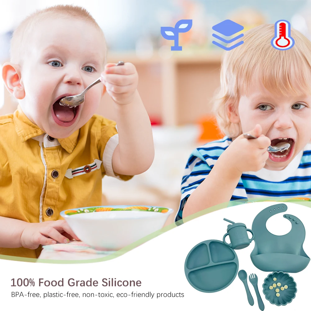 New 9 Pcs Baby Feeding Set Silicone Baby Plate and Bowl Set with Suction  Cup BPA-Free Baby Tableware Set Baby Led Weaning - AliExpress