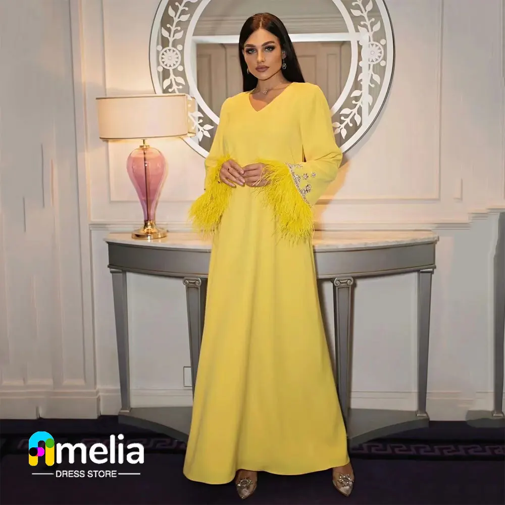 

Amelia V Neckline Prom Dress Long Sleeves Ankle Length Evening Dress With Summer Women Wedding Party Formal Gowns Arabia