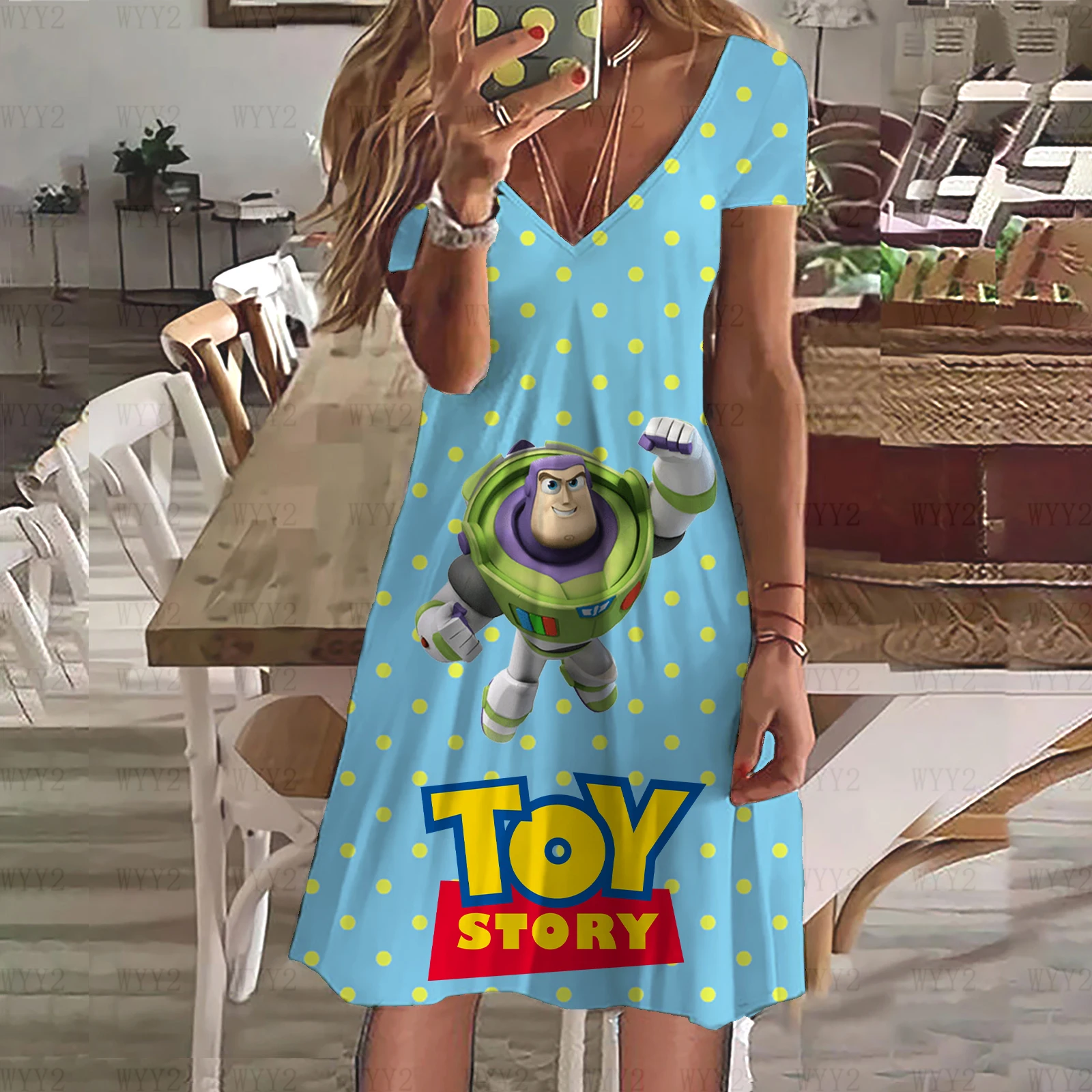 Ladies Clothing Casual Simple Dress Print Disney Toy Story Buzz Lightyear V Neck Short Sleeve Summer Ladies Plus Size Top Skirt 6